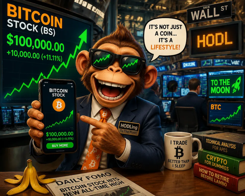 Cartoon-style bitcoin coin on a rollercoaster with fluctuating stock charts in the background, humorous financial chaos illustration.