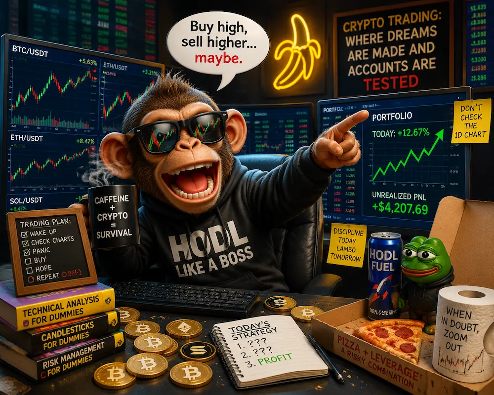 Cartoon trader juggling bitcoins and charts with a stressed yet smiling expression