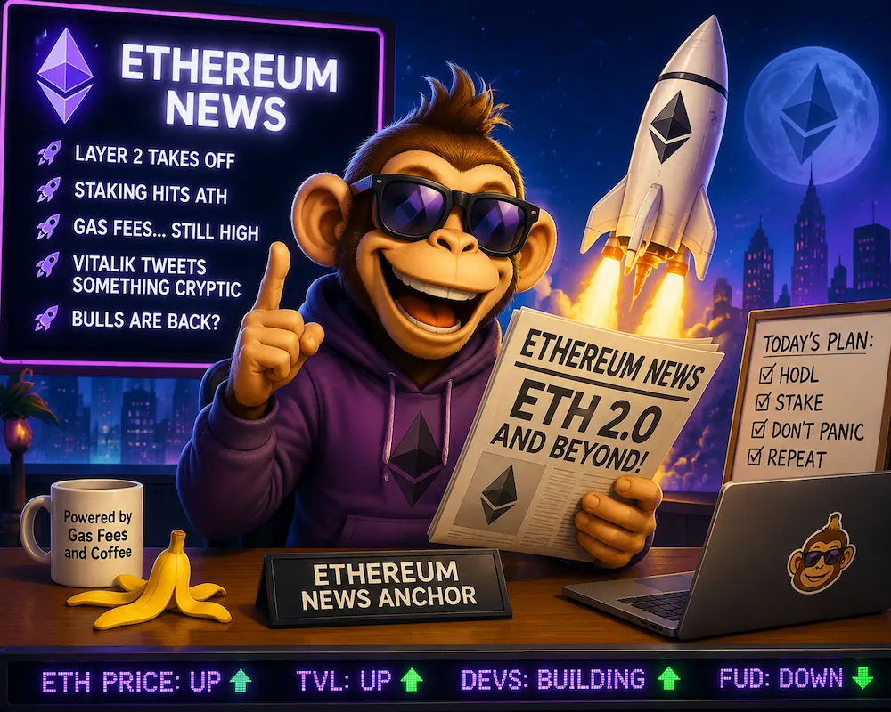Cartoon monkey holding an Ethereum coin with a surprised expression