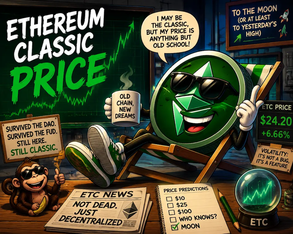 Cartoon of Ethereum Classic coin riding a rollercoaster with price charts in the background