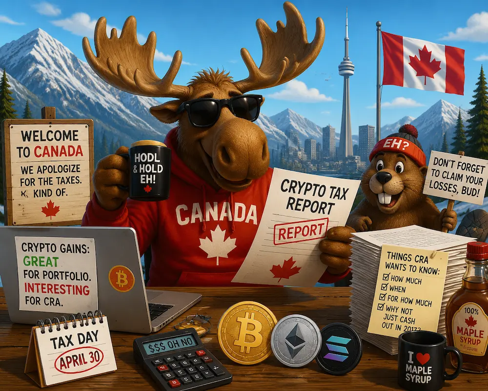 A cartoon Canadian crypto investor juggling coins and tax forms