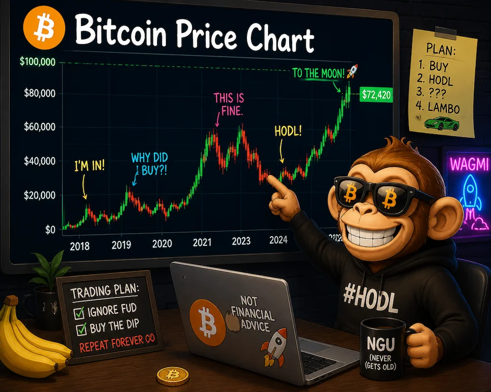 Funny illustration of Bitcoin riding a rollercoaster with charts in the background