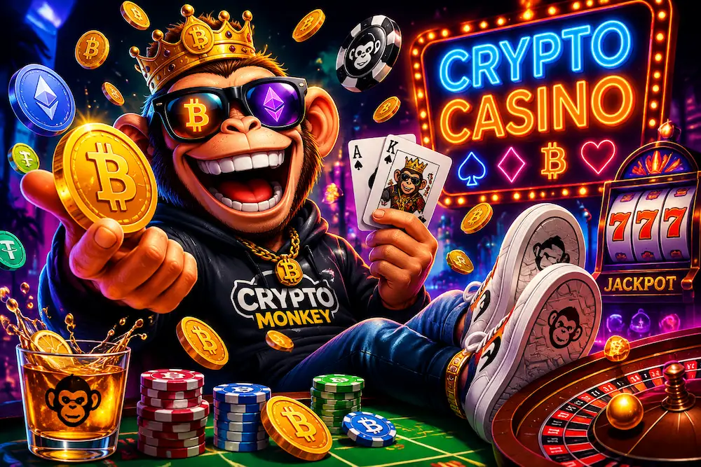 A whimsical illustration of digital coins spinning around a glowing roulette wheel in a futuristic crypto casino.