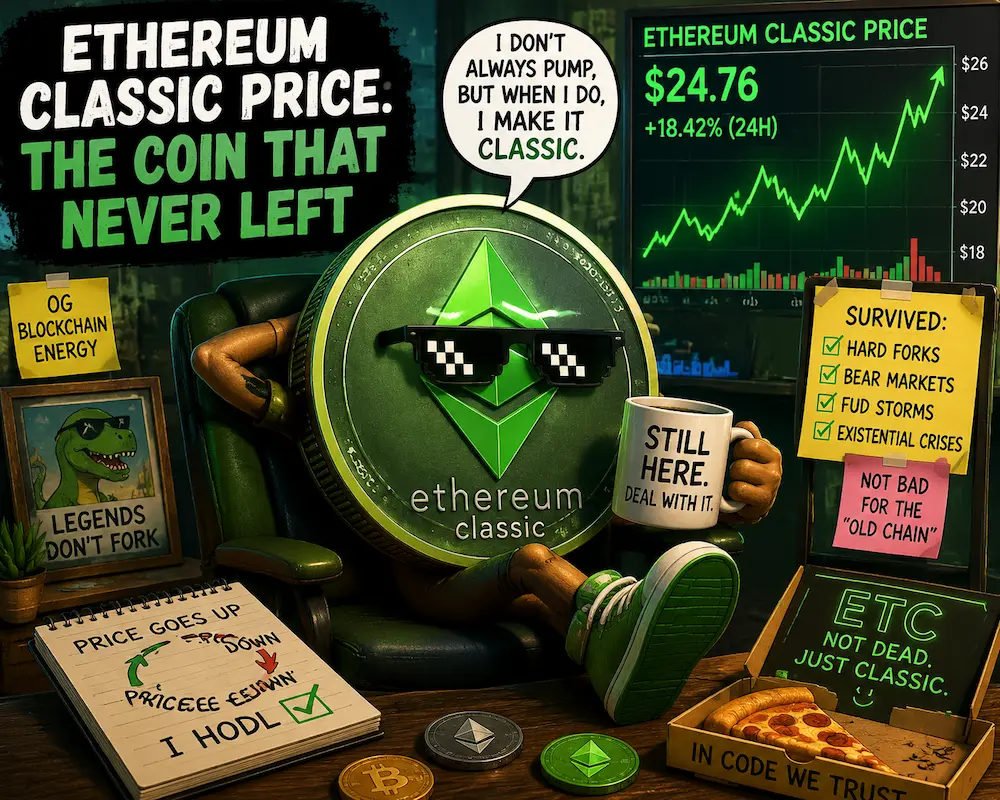 Ethereum Classic coin mascot watching funny crypto price charts