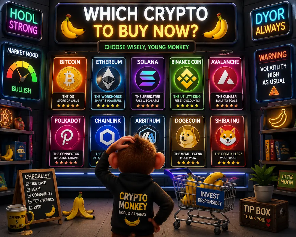 Funny crypto investor choosing between colorful digital coins on a futuristic market screen