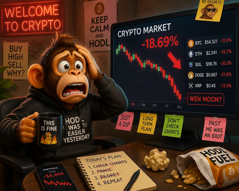 Funny crypto market character watching falling digital coins on a screen